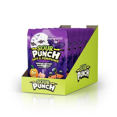 Sour Punch Bats & Pumpkins Halloween Candy in 9oz Resealable Stand Up Bags - 6 Pack Angled View