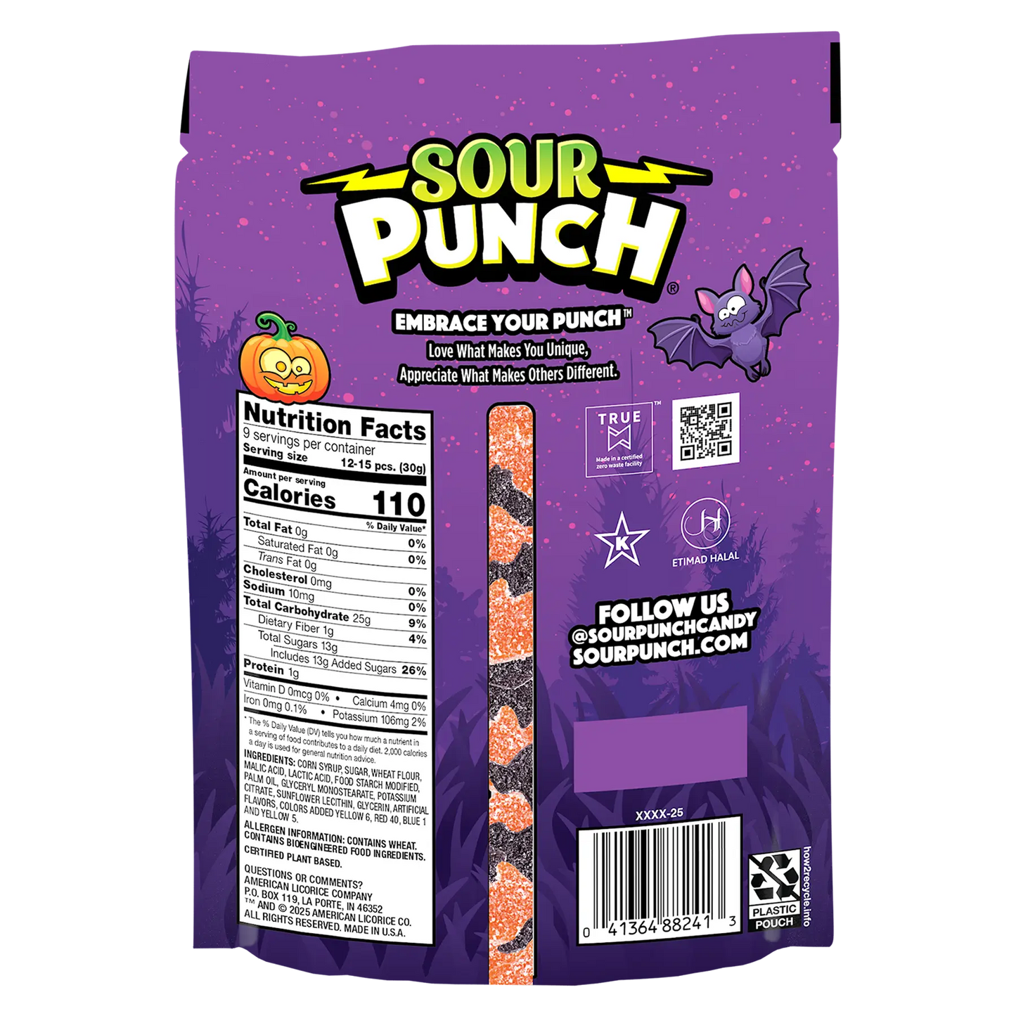 Back of Sour Punch Bats & Pumpkins Halloween Candy in 9oz Resealable Stand Up Bag