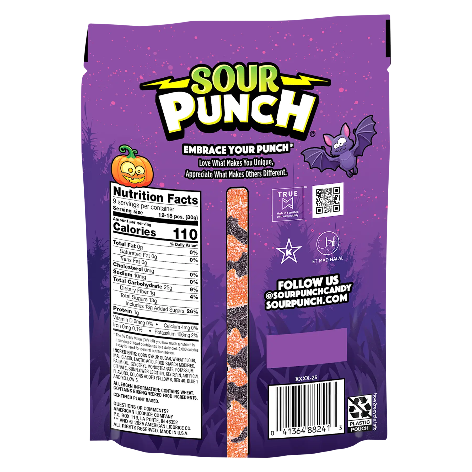 Back of Sour Punch Bats & Pumpkins Halloween Candy in 9oz Resealable Stand Up Bag