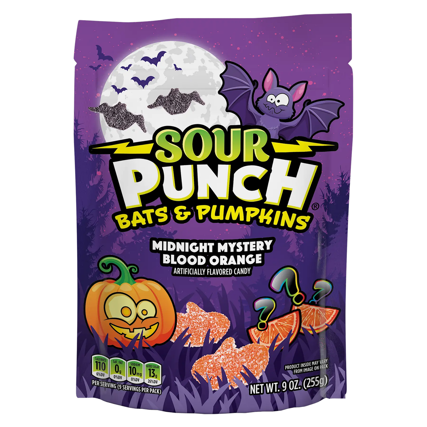 Front of Sour Punch Bats & Pumpkins Halloween Candy in 9oz Resealable Stand Up Bag