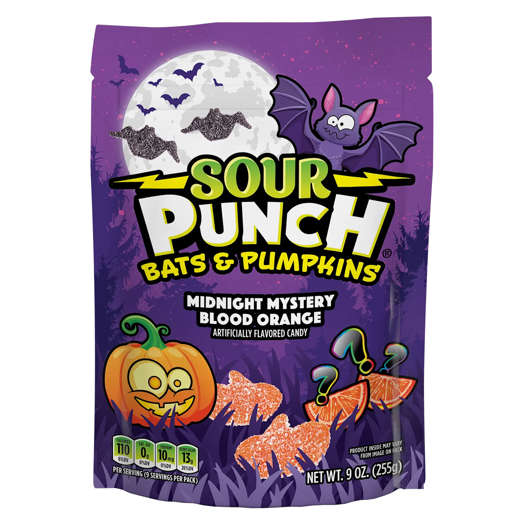 Front of Sour Punch Bats & Pumpkins Halloween Candy in 9oz Resealable Stand Up Bag