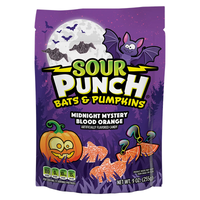 Front of Sour Punch Bats & Pumpkins Halloween Candy in 9oz Resealable Stand Up Bag