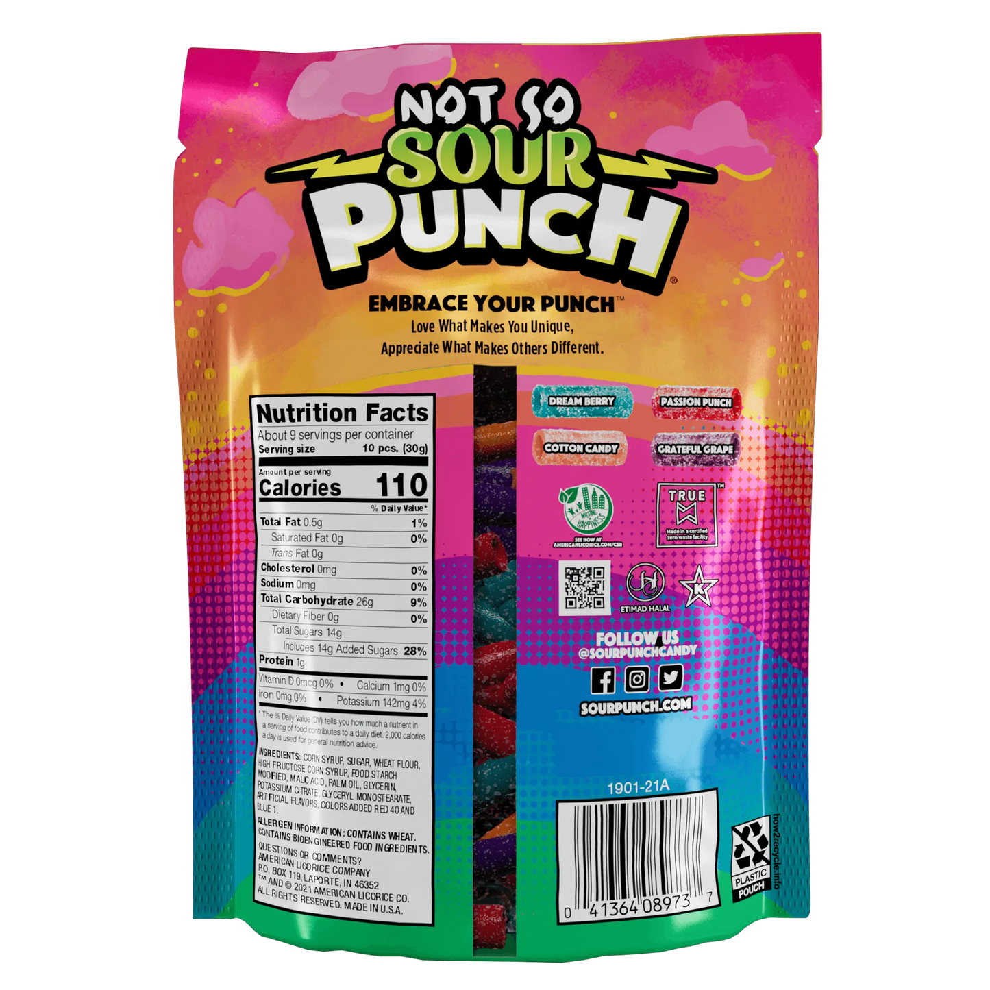 Back of Not So SOUR PUNCH Sweet Bites 9oz share bag