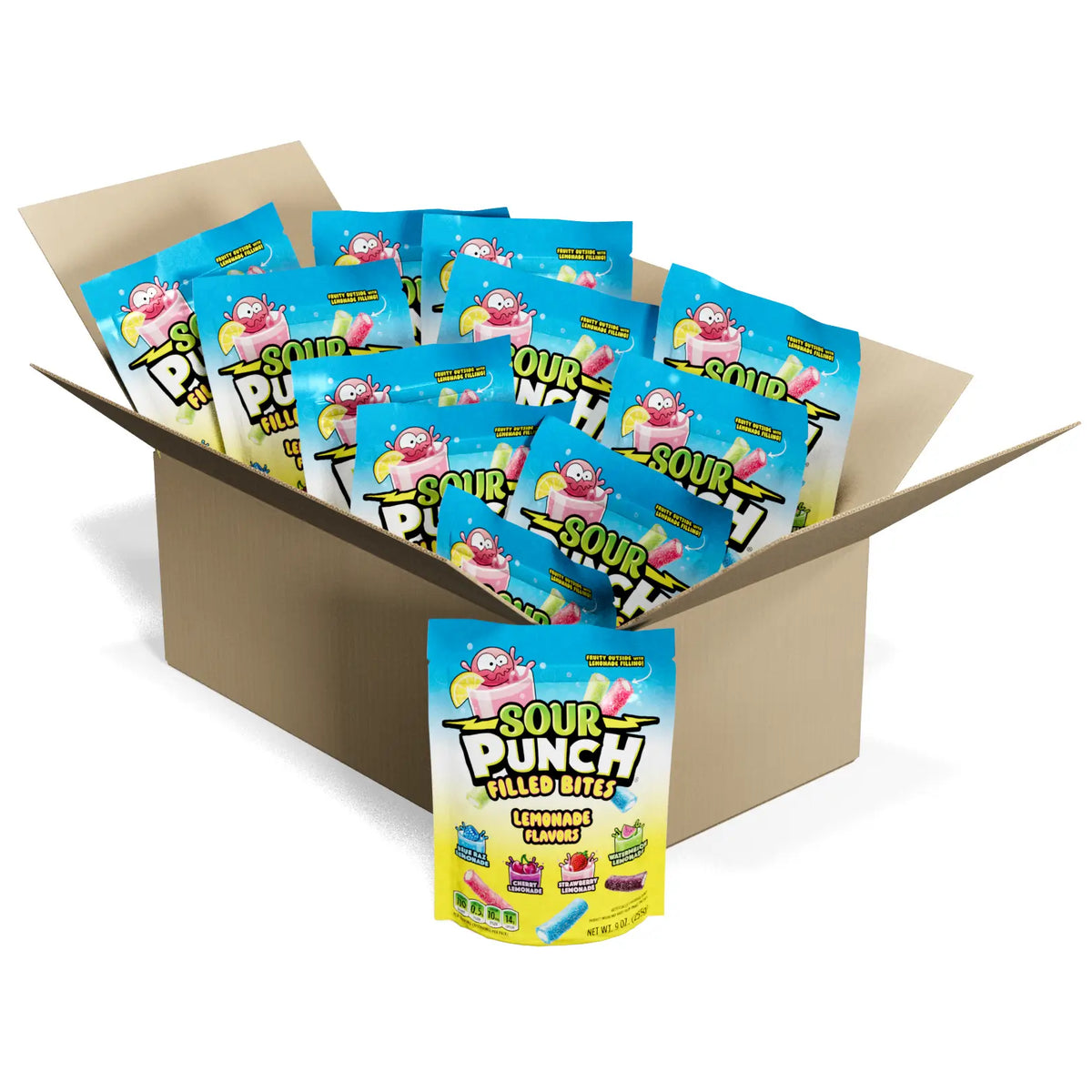 12-Pack case of NEW Sour Punch Lemonade Filled Bites in 9oz Resealable Stand Up Bags