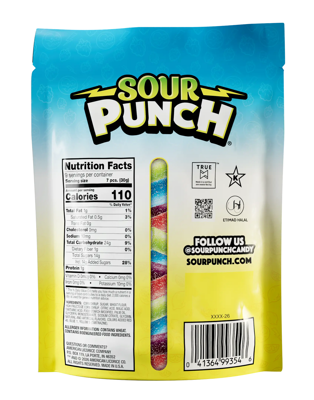 Back of Sour Punch Lemonade Filled Bites 9oz Resealable Stand Up Bag