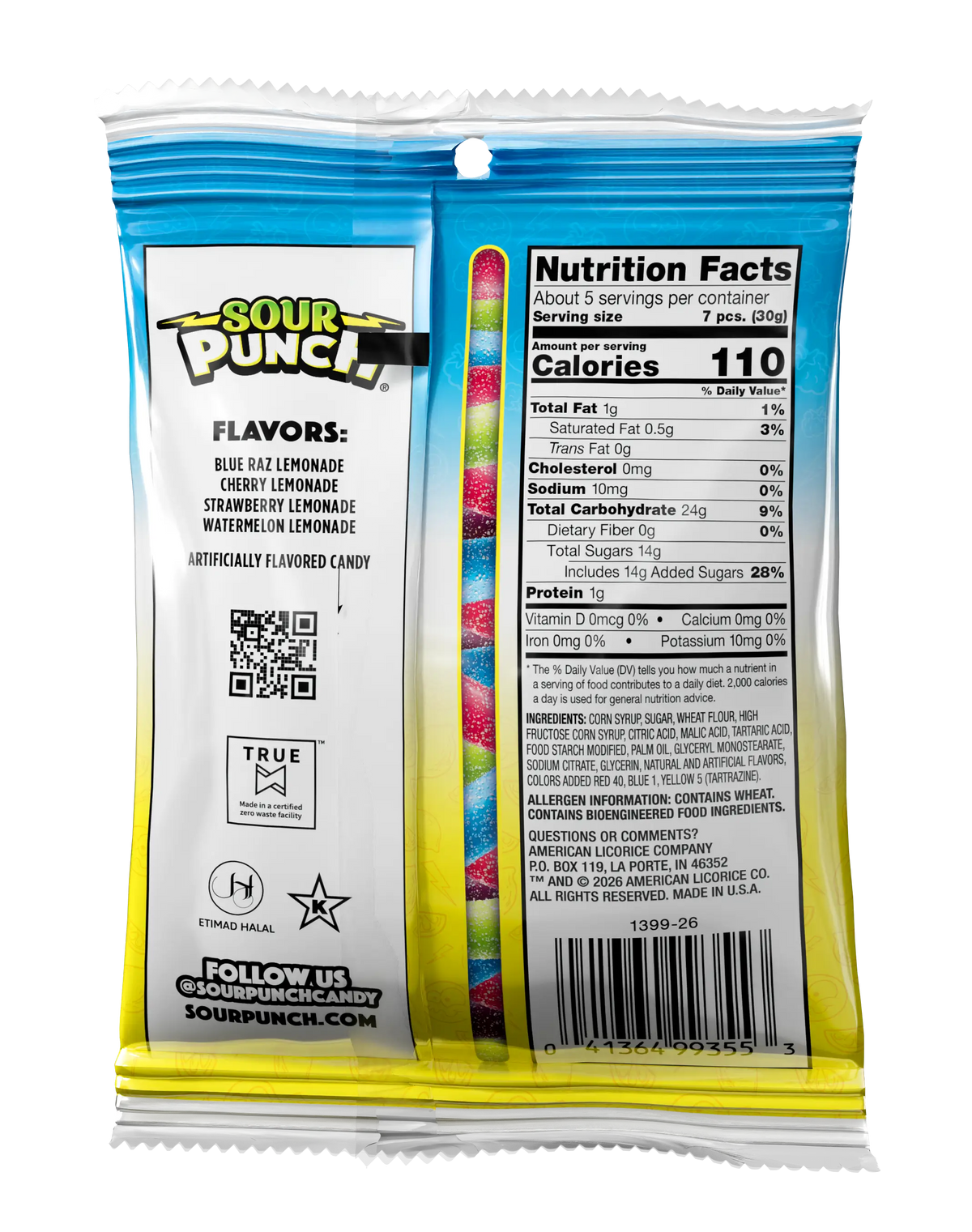 Back of Sour Punch Lemonade Filled Bites 5oz Hanging Bag