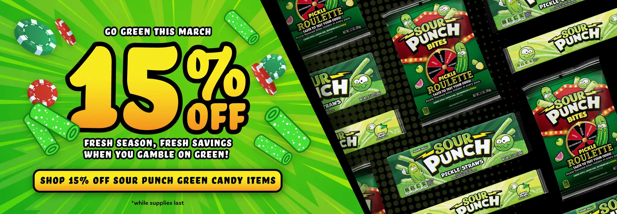 Go Green this March: Fresh season, fresh savings when you gamble on green candy! Shop 15% off Sour Punch bulk green candy items, while supplies last >>>