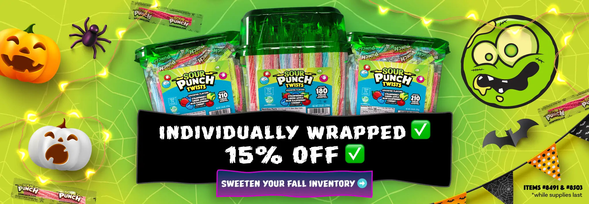 Sour Punch Twists in Tubs are Individually Wrapped and Currently 15% OFF! Sweeten your fall inventory (while supplies last, items #8491 and #8503) >>