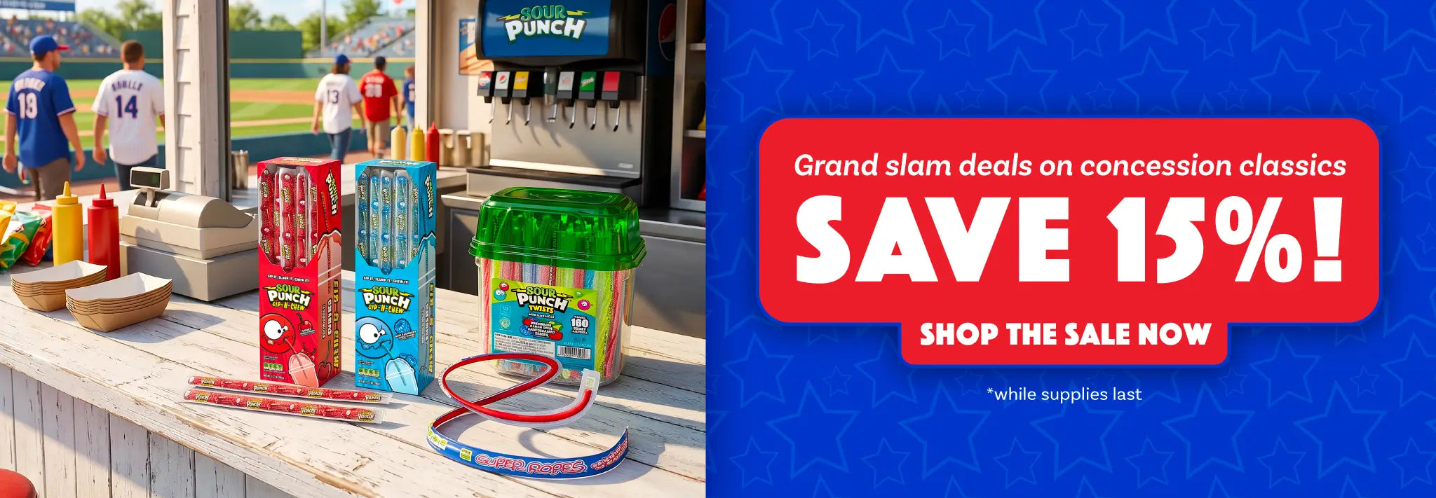 GRAND SLAM DEALS ON CONCESSION CLASSICS - SAVE 15% NOW, WHILE SUPPLIES LAST. Concession stand with snacks and drinks, promotional banner for concession sale on a blue background.