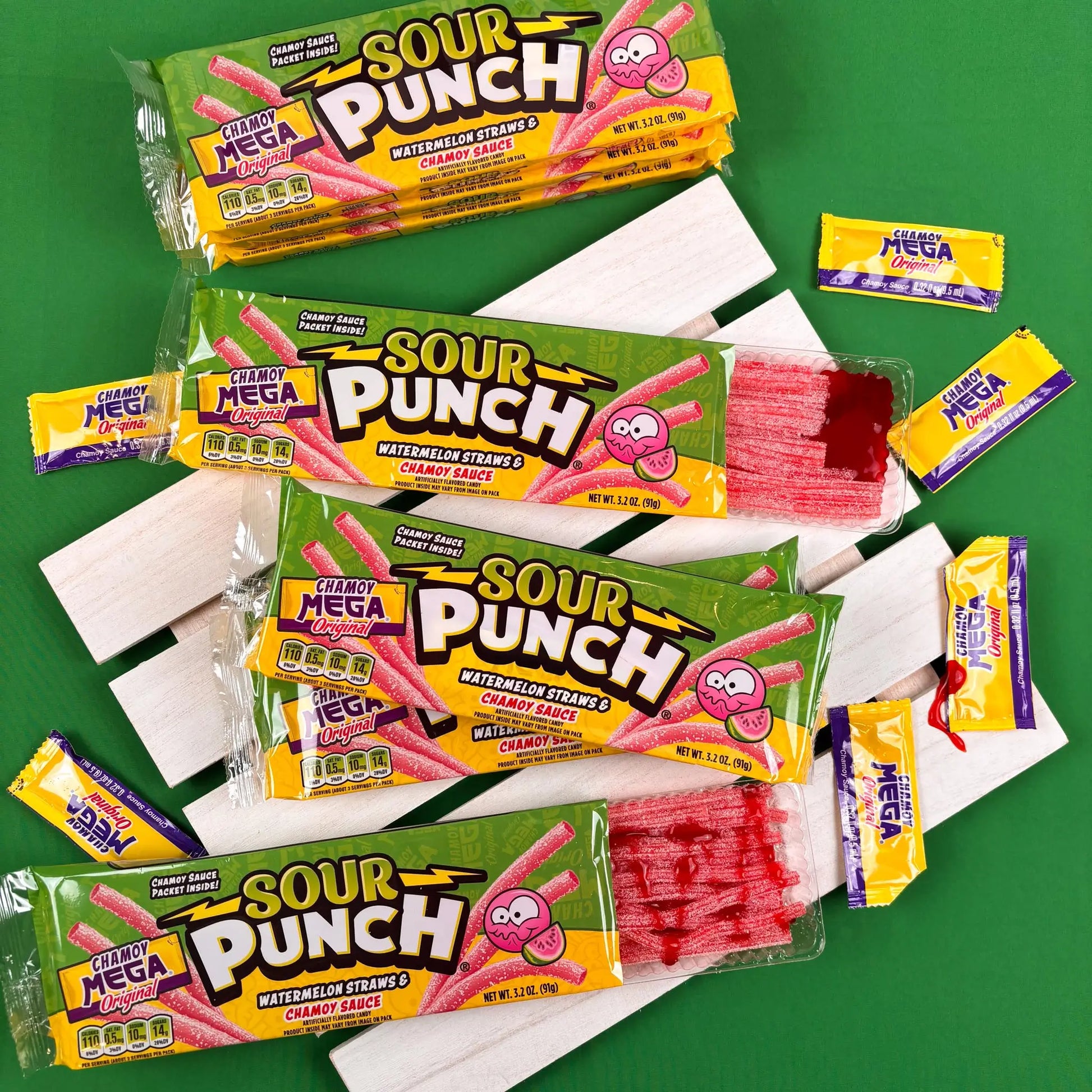 Sour Punch Watermelon Straws with Mega Chamoy Sauce packets