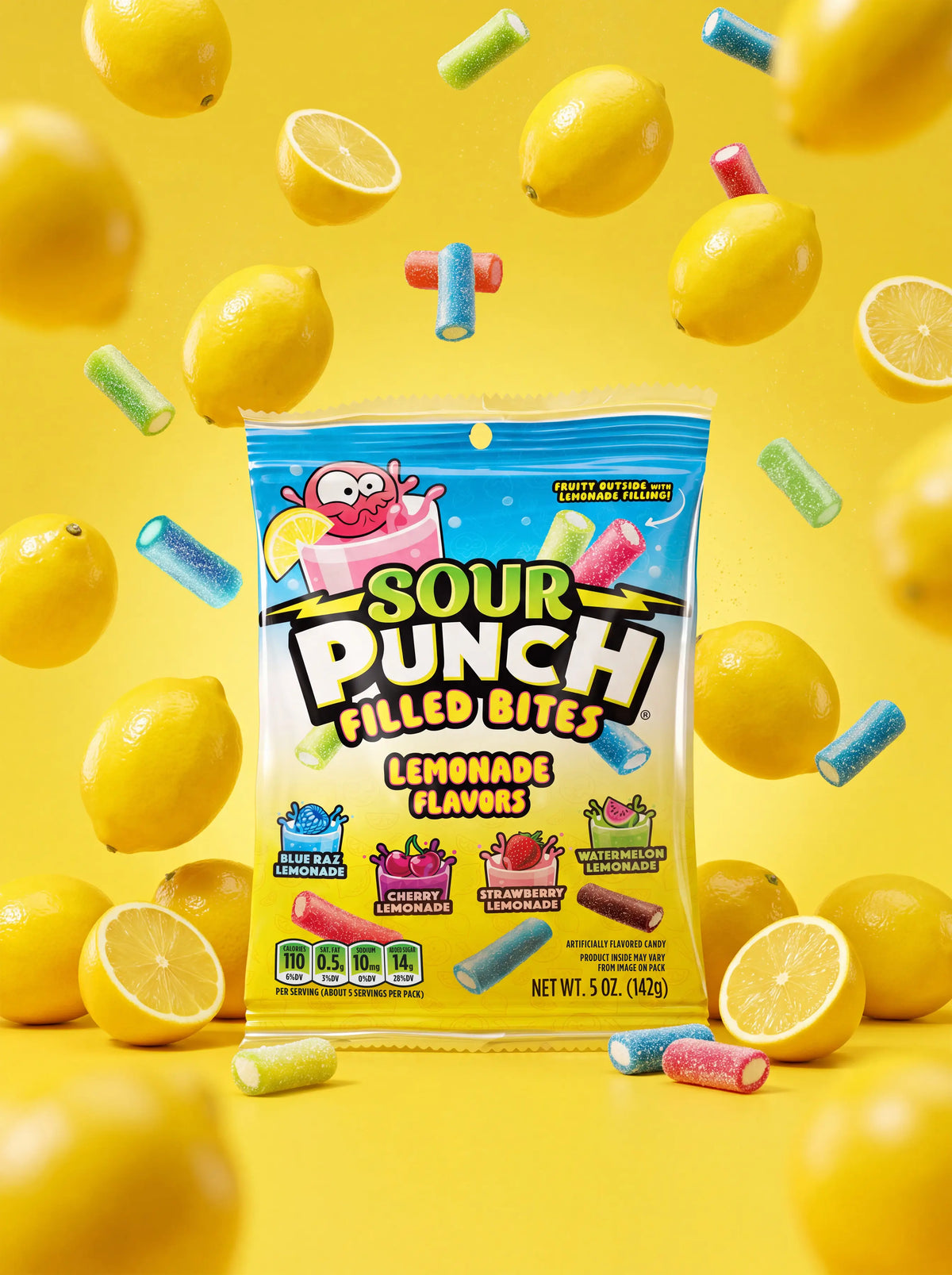 Sour Punch Lemonade Filled Bites 5oz Bag on a yellow background with falling lemons and bite-sized cream filled candy pieces