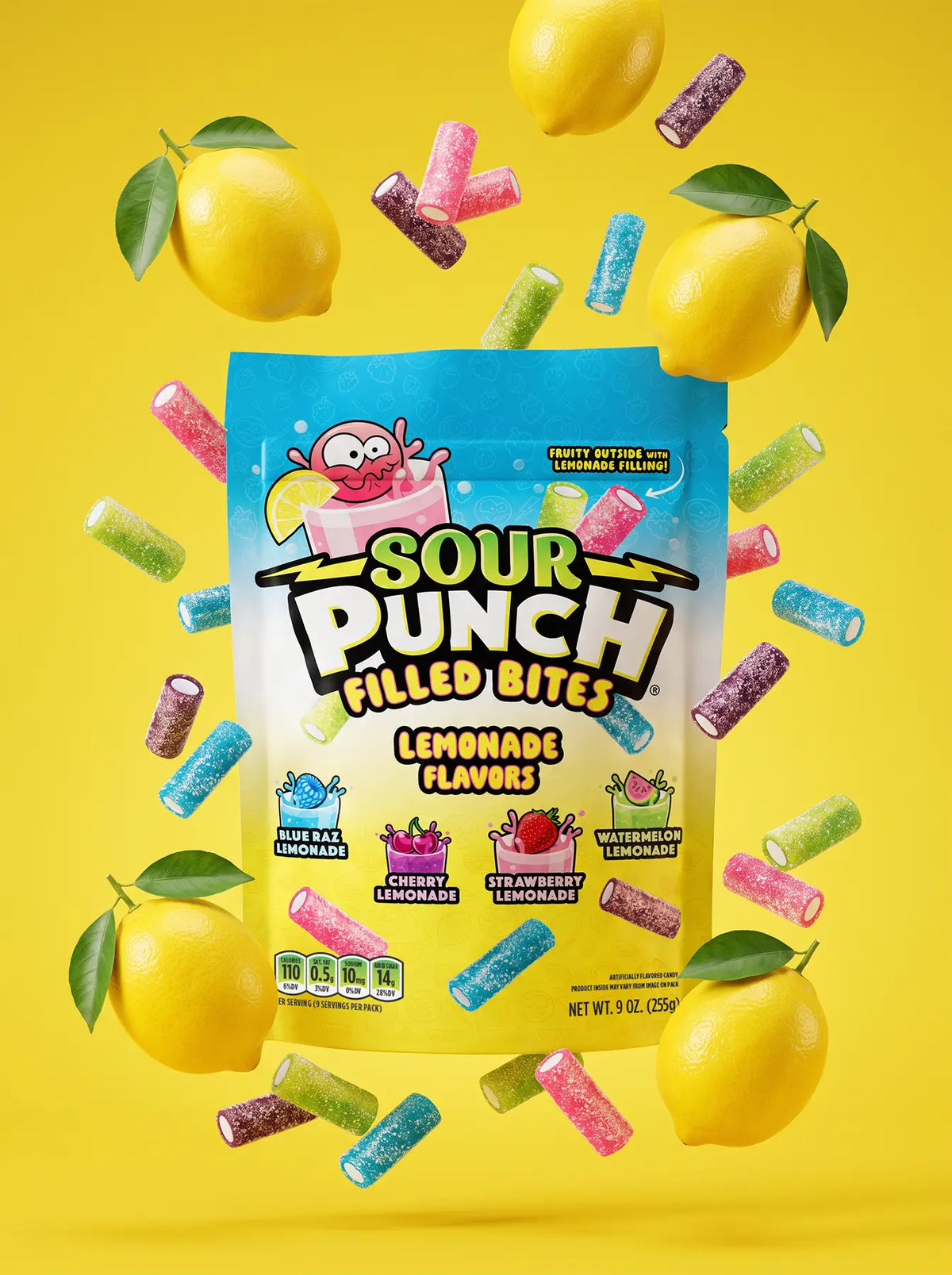 NEW Sour Punch Lemonade Filled Bites 9oz Bag on a yellow background surrounded by falling filled candy bites and lemons