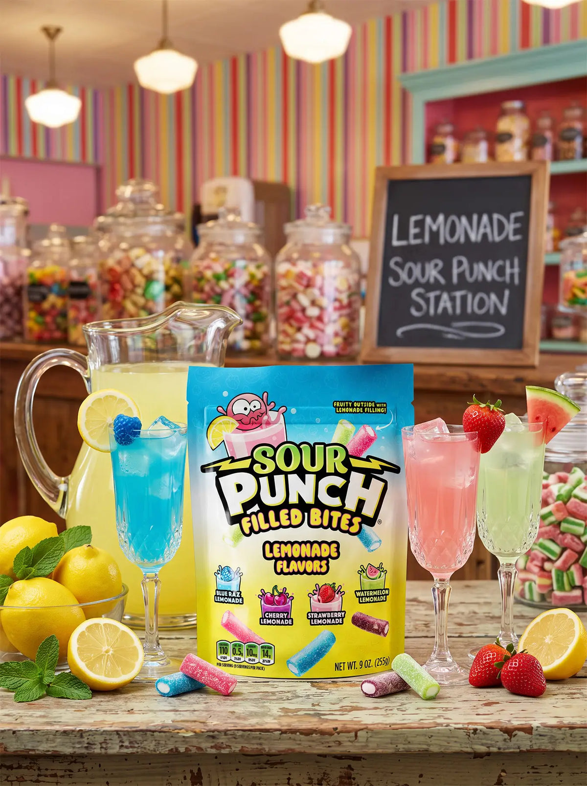 NEW Sour Punch Lemonade Filled Bites 9oz Bag surrounded by lemonade beverages and candy jars