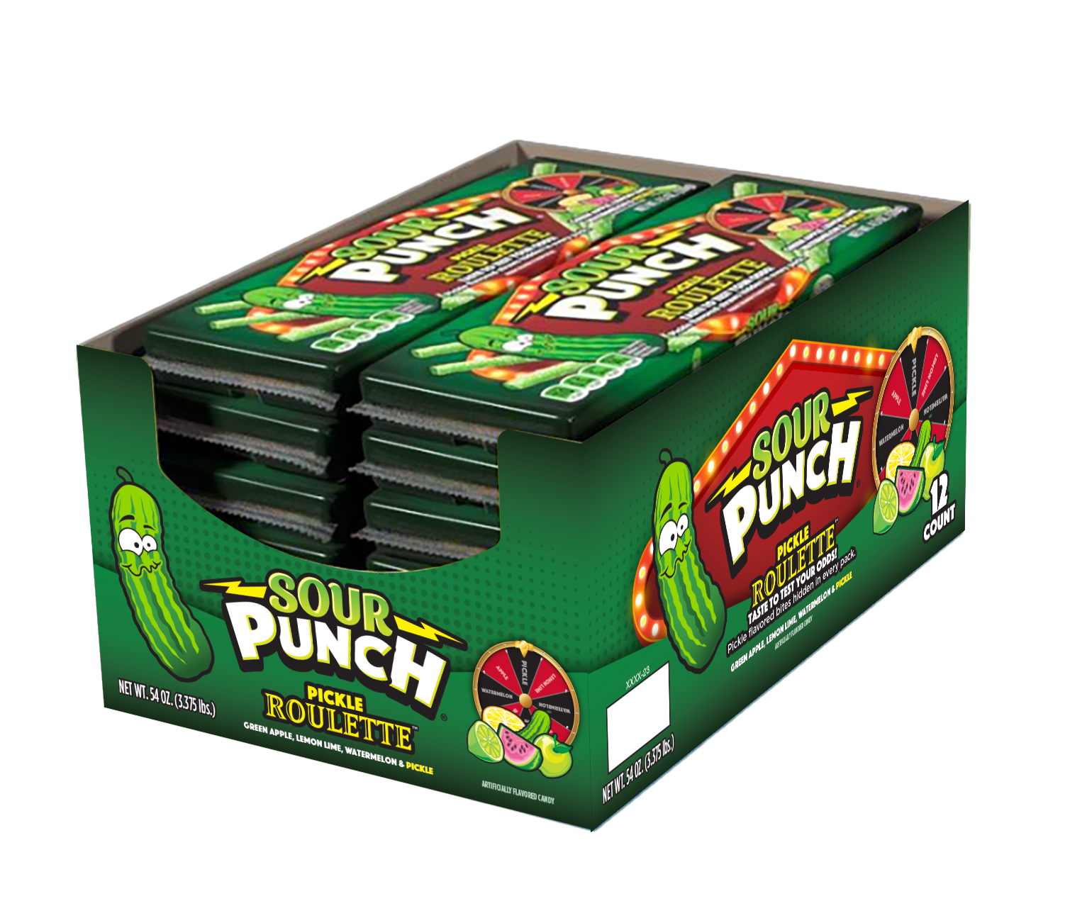 12 pack caddy of SOUR PUNCH Pickle Roulette Straws Pickle Candy in Bulk