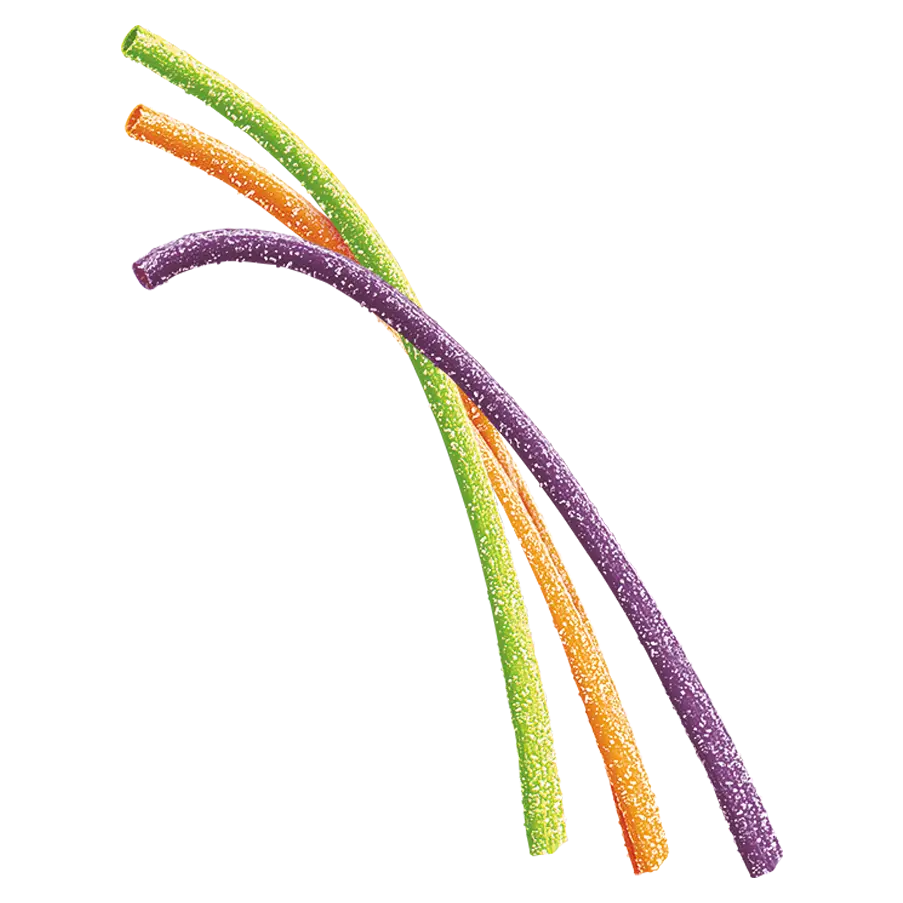 Orange, Green, and Purple candy straws with sour sugar coating