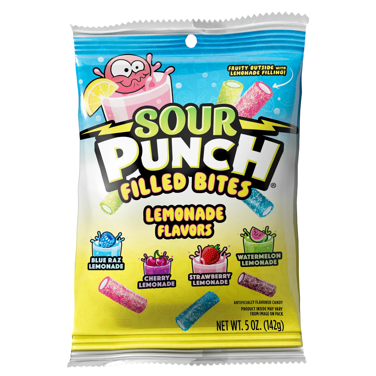 Front of Sour Punch Lemonade Filled Bites 5oz Hanging Bag
