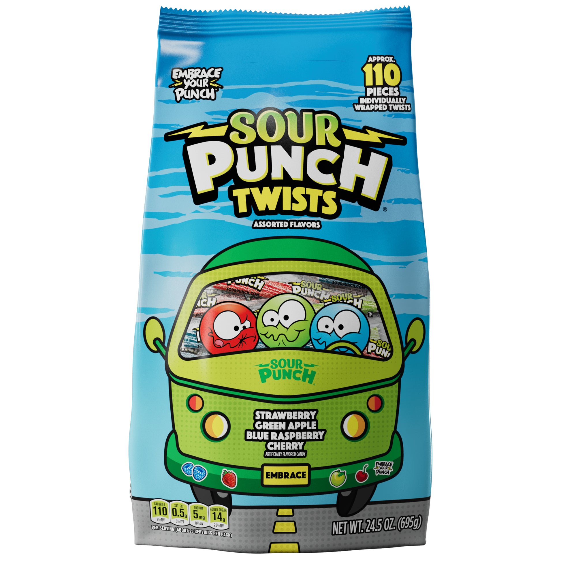 Front of Sour Punch 3" Individually Wrapped Sour Candy Twists, Assorted Candy Flavors in 24.5oz Bags