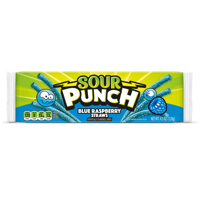 SOUR PUNCH Blue Raspberry Sour Candy Straws, front of single 4.5oz tray