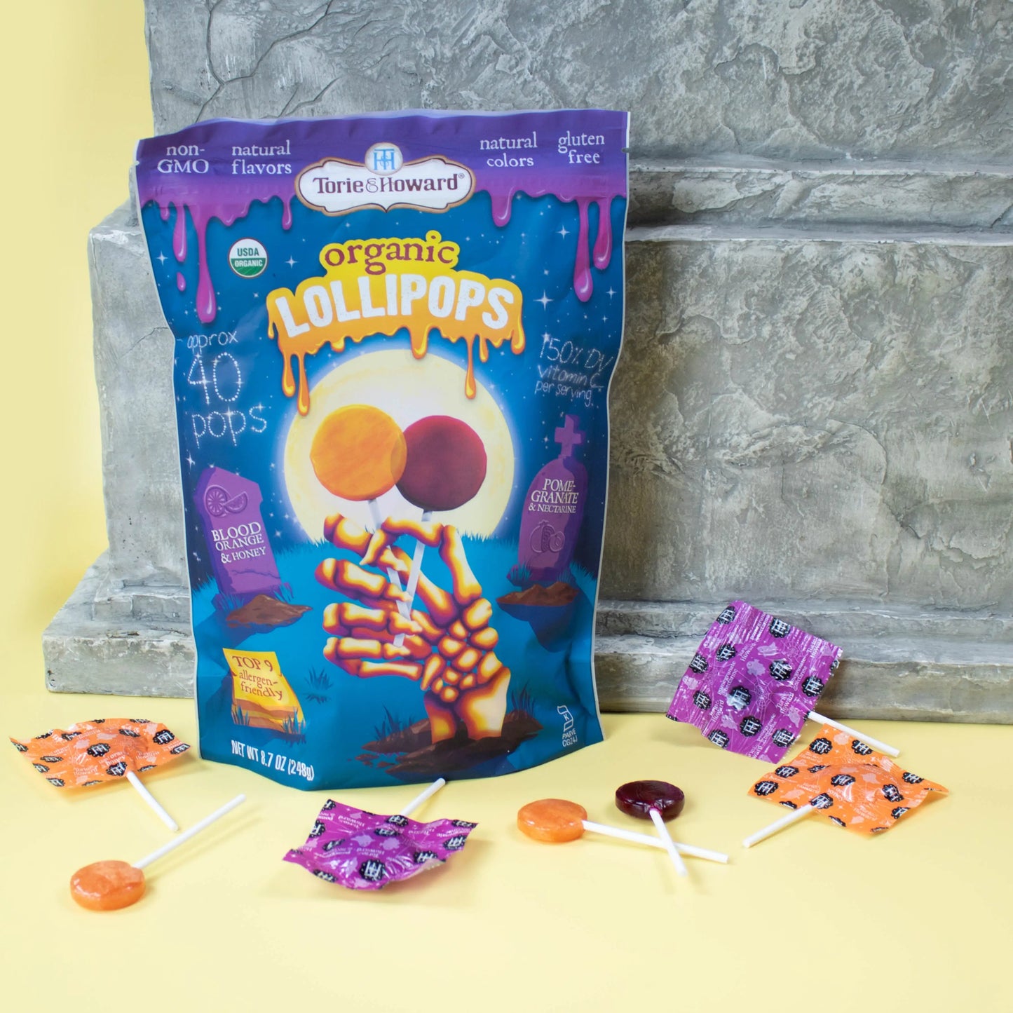 Torie & Howard Organic Lollipops Wholesale Halloween Candy 8.7oz Bag with lollipops out of bag