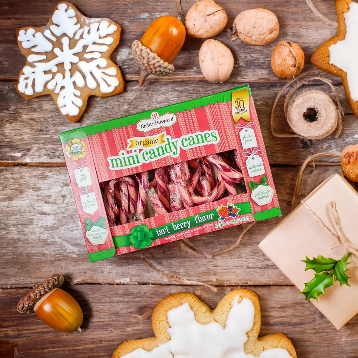 Torie & Howard Organic Candy Canes with Snowflake cookies and acorns