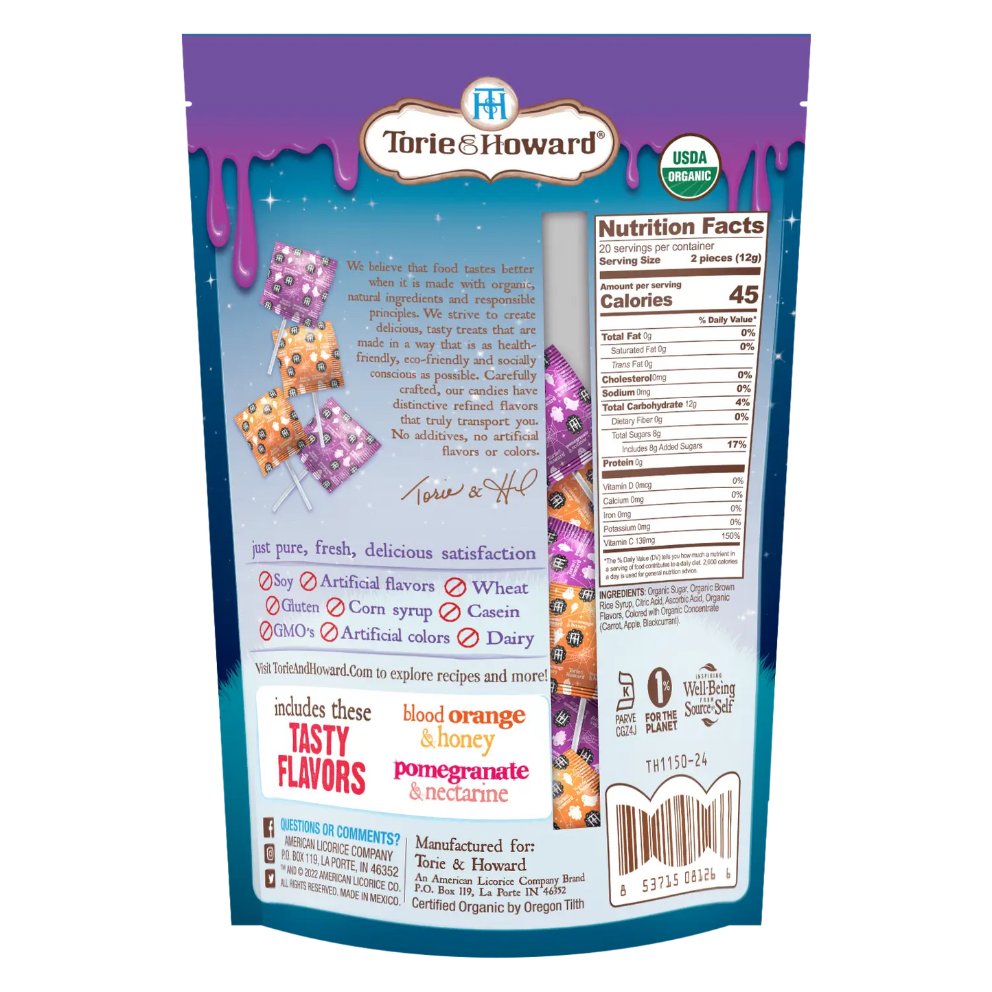 Back of Torie & Howard Organic Lollipops Wholesale Halloween Candy 8.7oz Bag