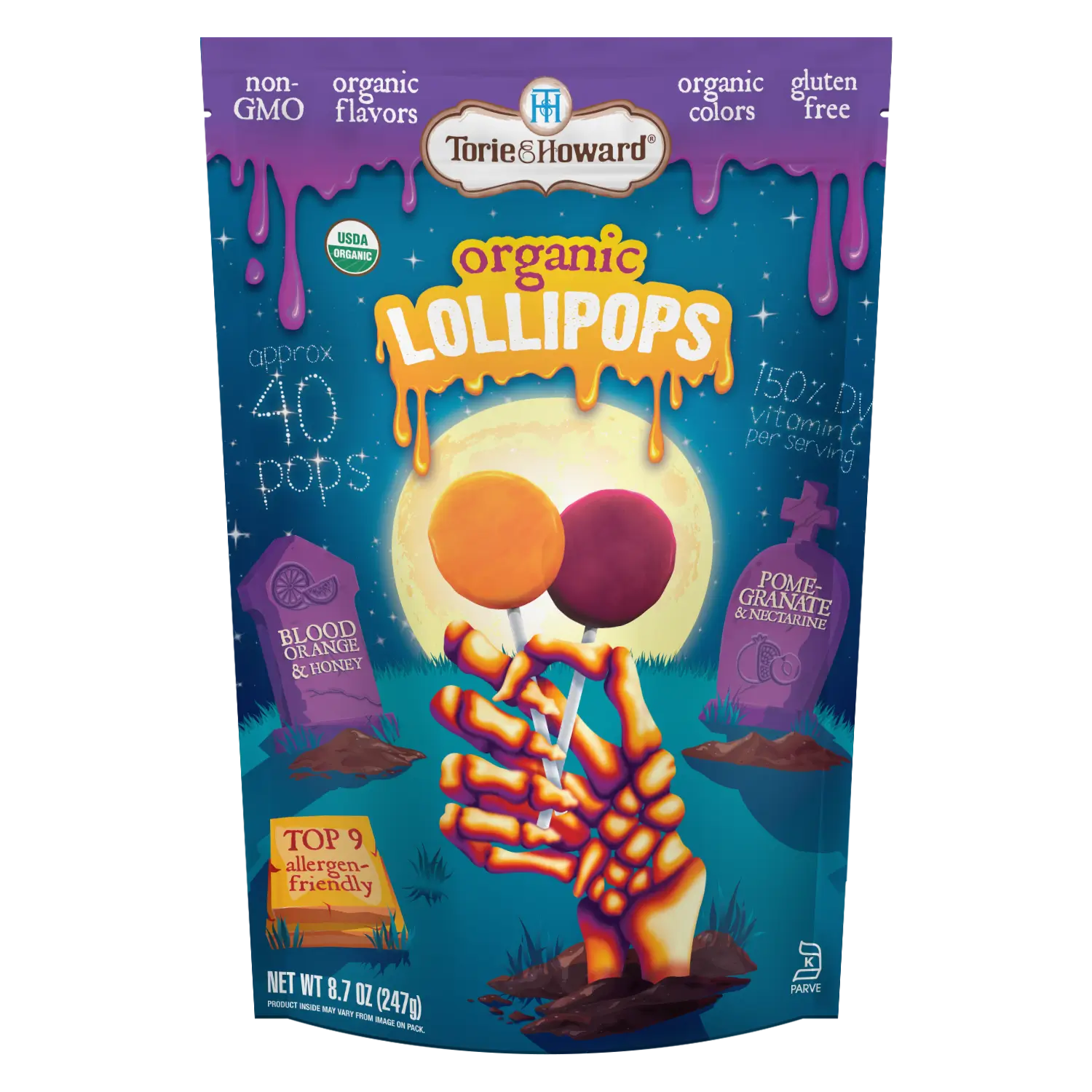Front of Torie & Howard Organic Lollipops Wholesale Halloween Candy 8.7oz Bag