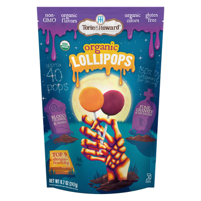Front of Torie & Howard Organic Lollipops Wholesale Halloween Candy 8.7oz Bag