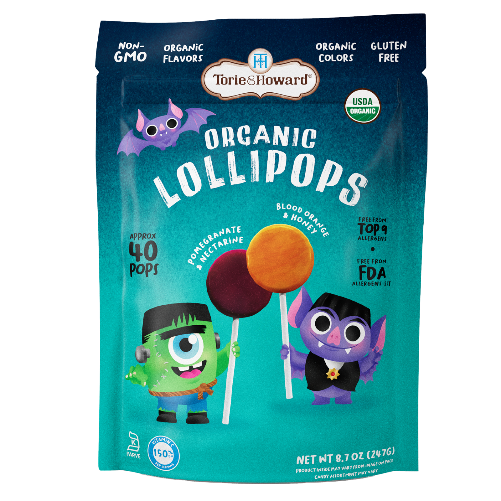 Torie & Howard Organic Halloween Candy Lollipops - Front of 8.7oz Bag - 40 Pops per Bag