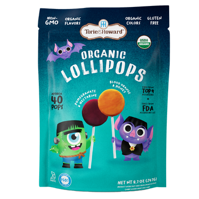 Torie & Howard Organic Halloween Candy Lollipops - Front of 8.7oz Bag - 40 Pops per Bag