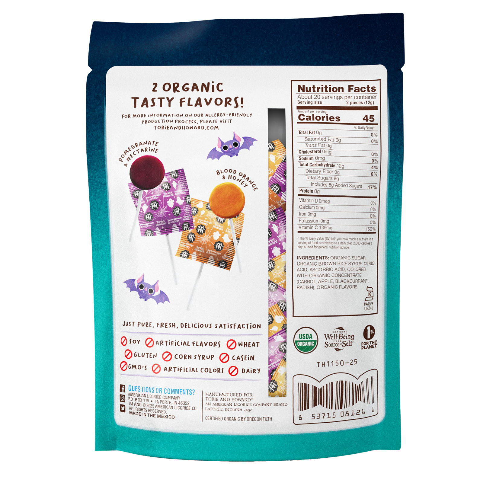 Torie & Howard Organic Halloween Candy Lollipops - Back of 8.7oz Bag - 40 Pops per Bag
