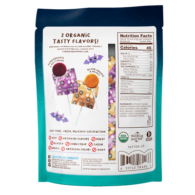 Torie & Howard Organic Halloween Candy Lollipops - Back of 8.7oz Bag - 40 Pops per Bag