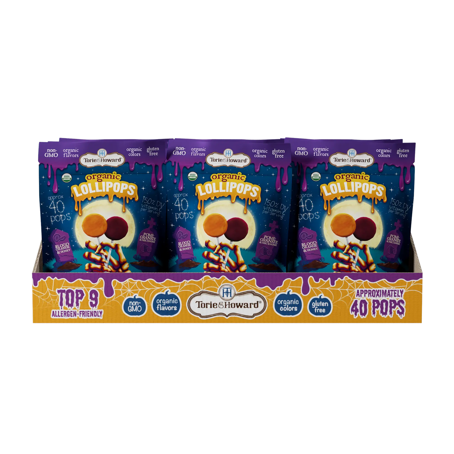 12ct case of Torie & Howard Organic Lollipops Wholesale Halloween Candy 8.7oz Bags