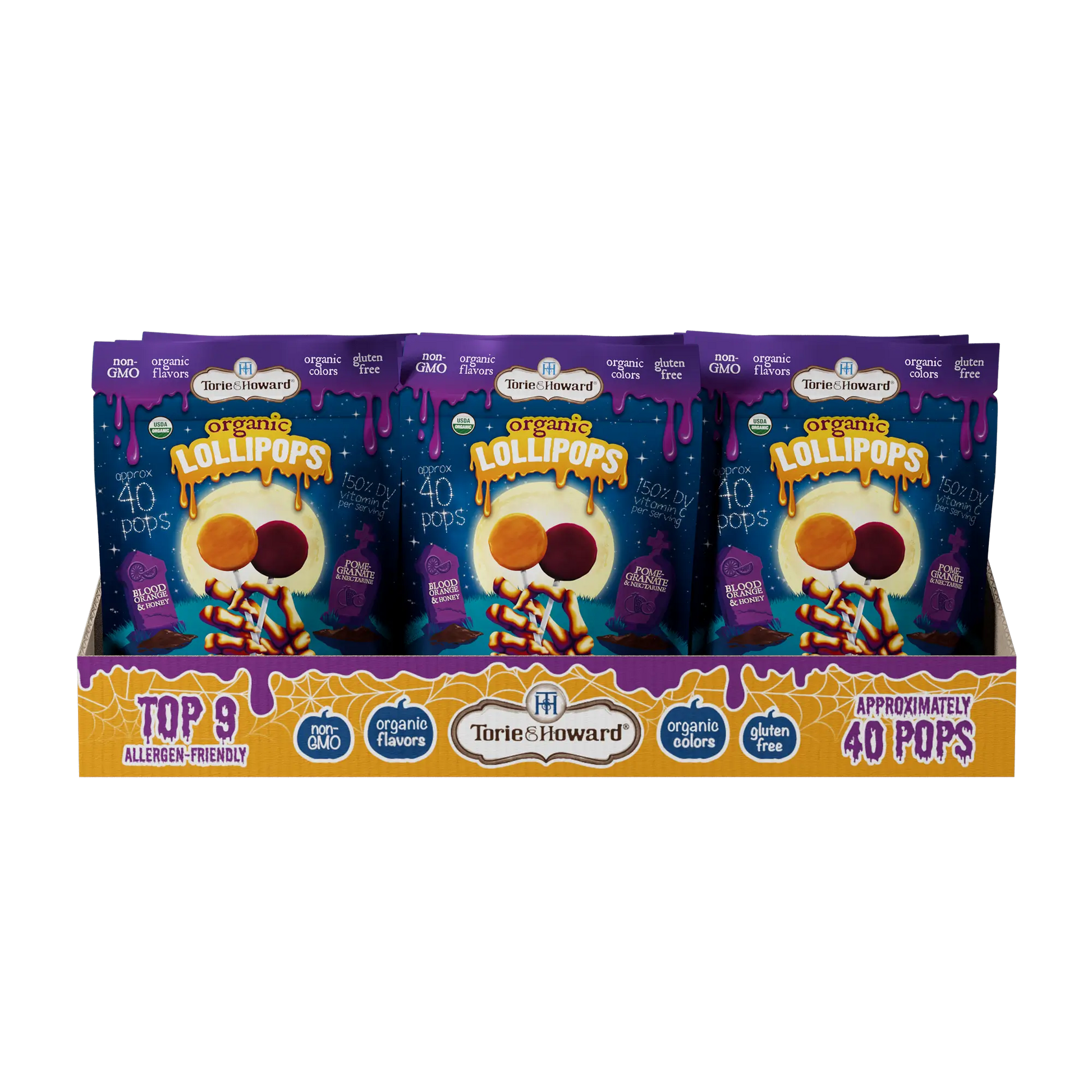 12ct case of Torie & Howard Organic Lollipops Wholesale Halloween Candy 8.7oz Bags