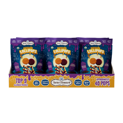 12ct case of Torie & Howard Organic Lollipops Wholesale Halloween Candy 8.7oz Bags