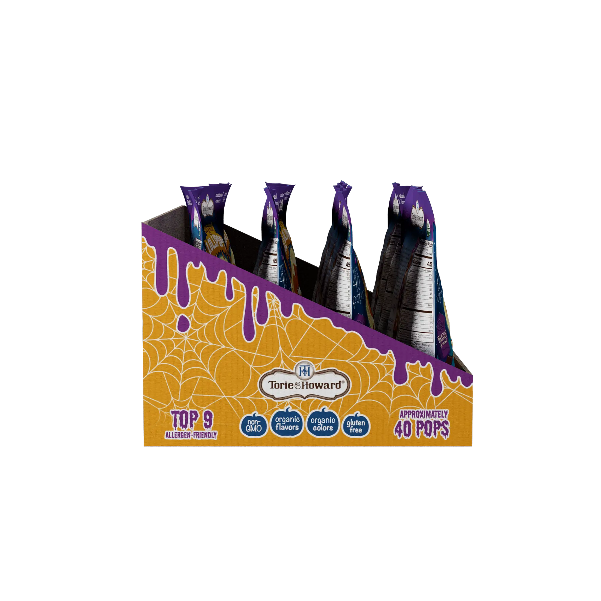 12ct case side-view of Torie & Howard Organic Lollipops Wholesale Halloween Candy 8.7oz Bags
