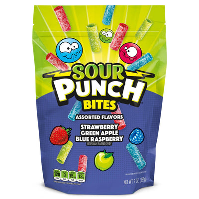 SOUR PUNCH Assorted Bites Candy, Front of 9oz Bag