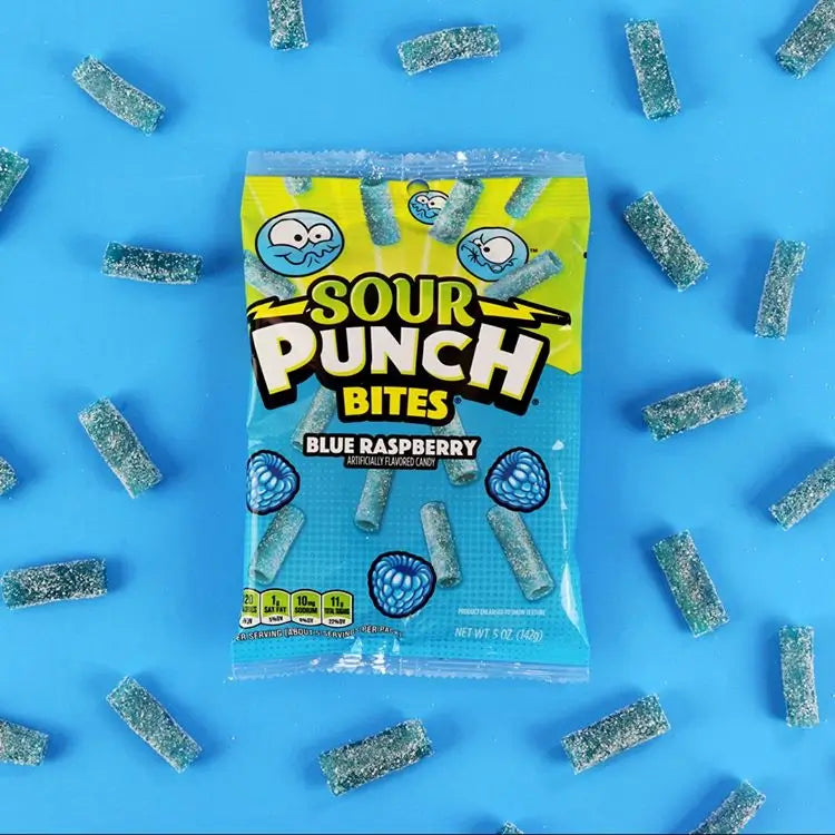 Bulk Blue Raspberry sour candy bites scattered around 5oz SOUR PUNCH bag