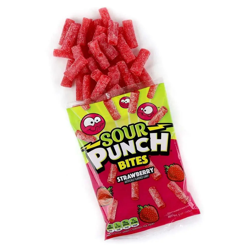 Strawberry sour candy bites falling out of a 5oz bag