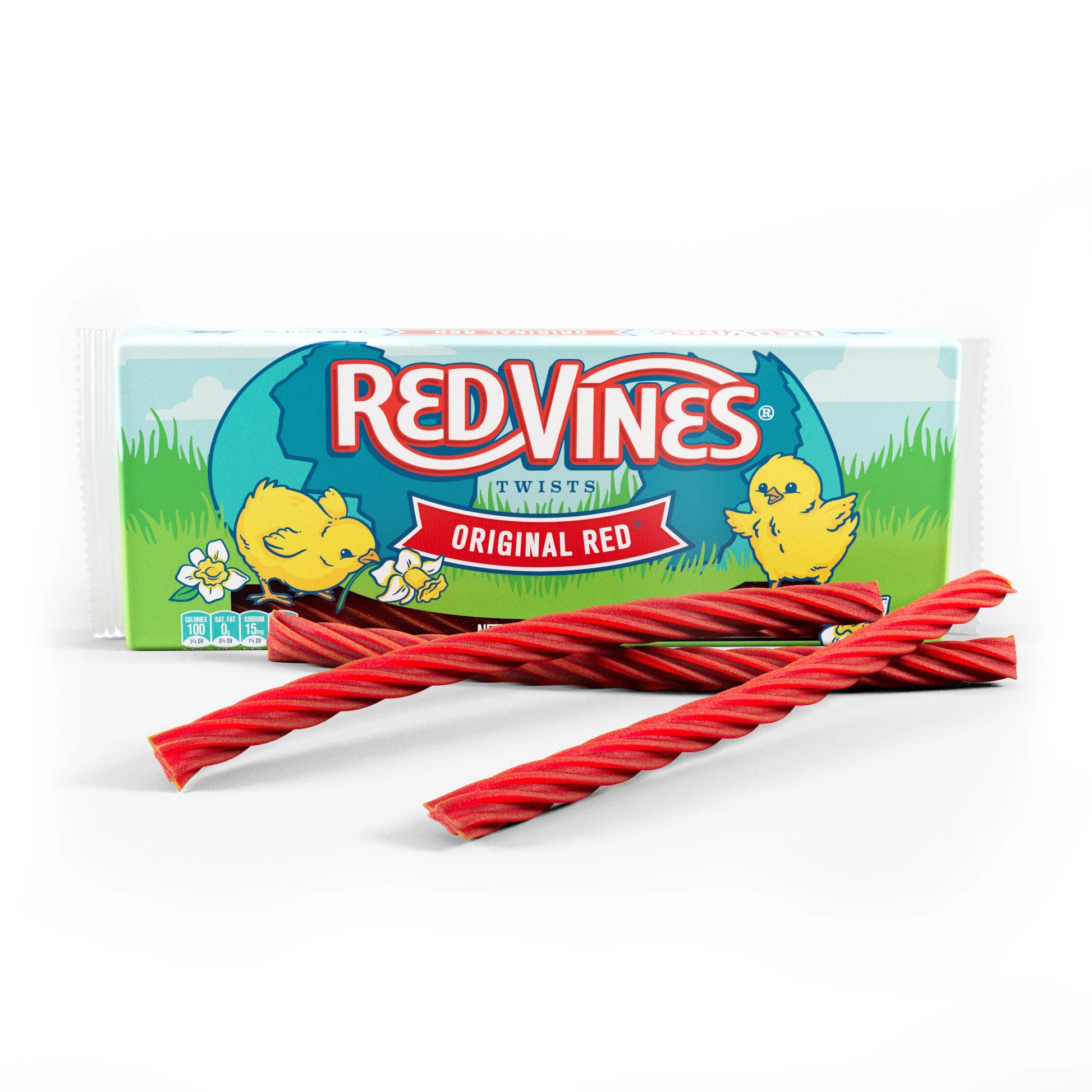 Red Vines Easter Tray with baby chicks printed on it and Red licorice twists laying in front