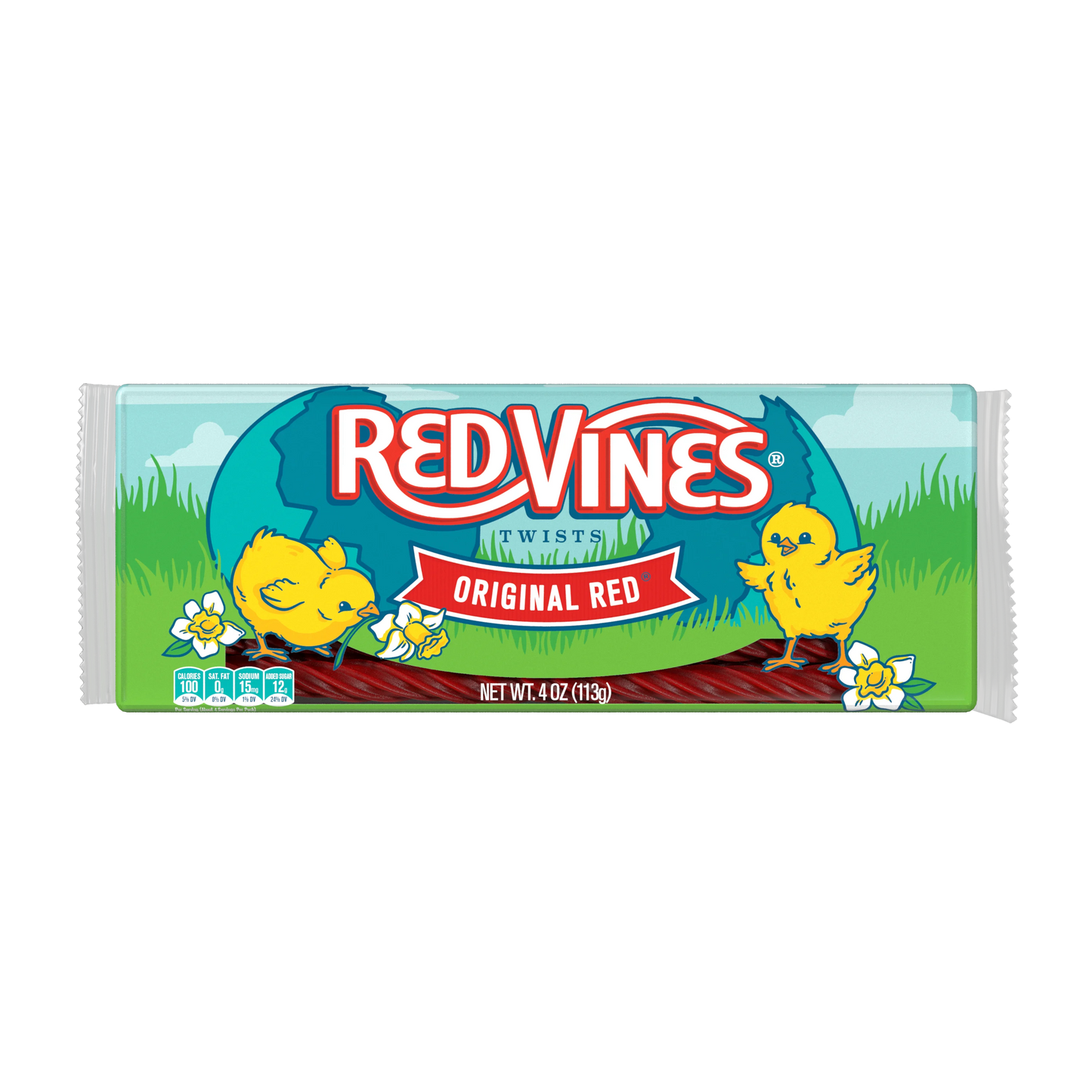 Front of Red Vines Easter Candy 4oz Tray of Original Red Licorice Twists