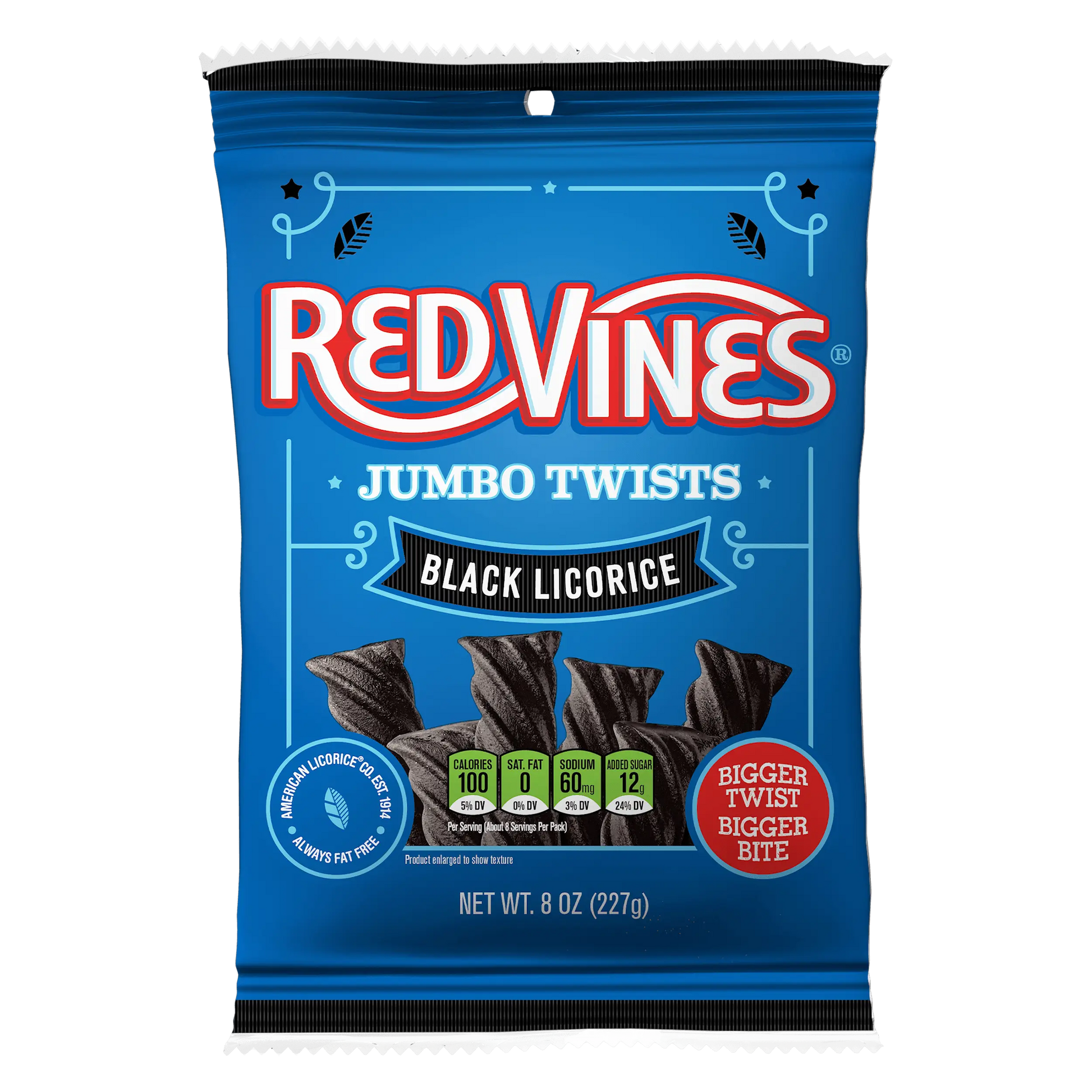 Front of Red Vines Black Licorice Jumbo Twists 8oz Hanging Bag