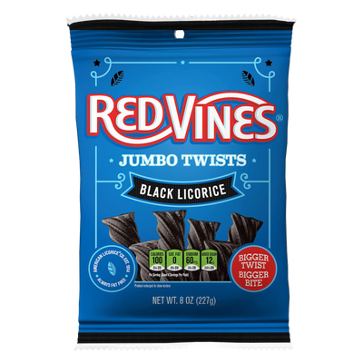 Front of Red Vines Black Licorice Jumbo Twists 8oz Hanging Bag