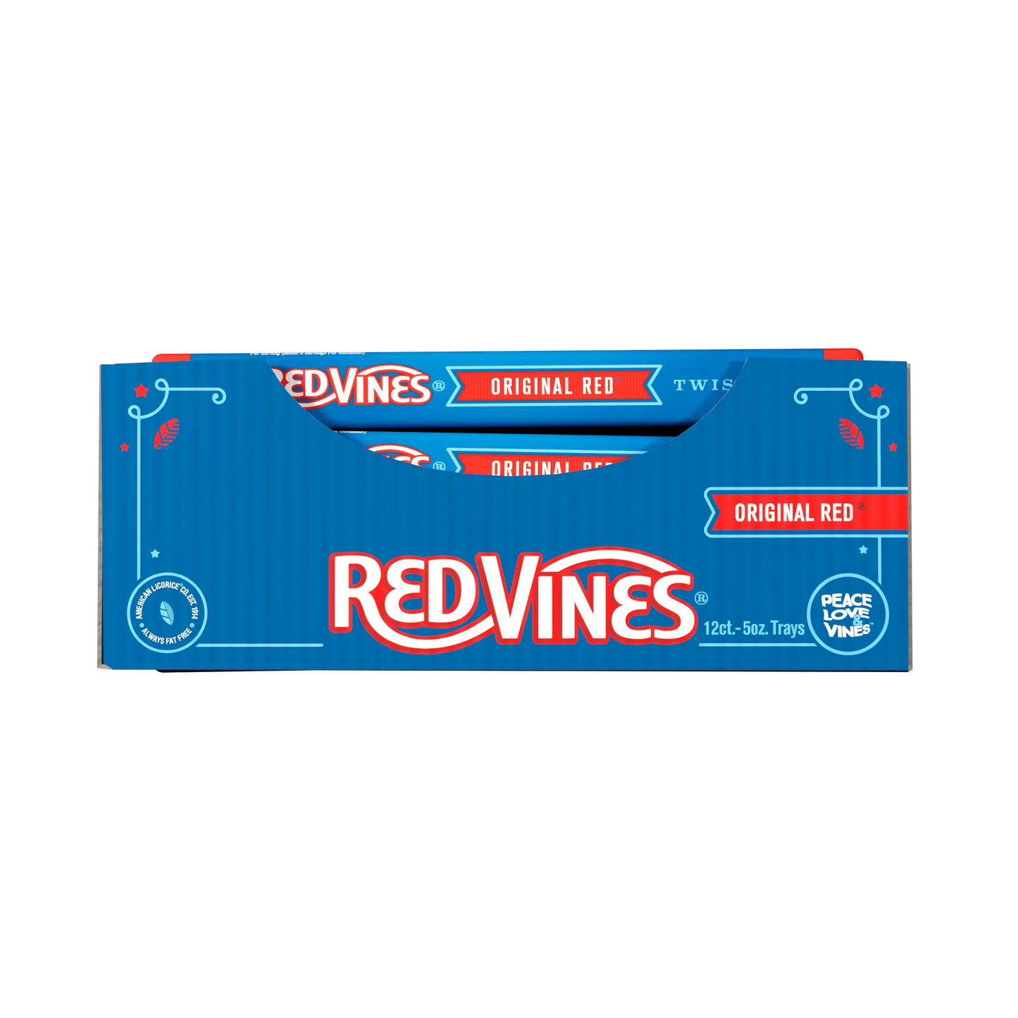 Front of a display box containing 12, 5oz Red Vines Original Red Licorice Candy