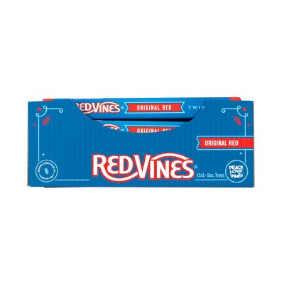 Front of a display box containing 12, 5oz Red Vines Original Red Licorice Candy