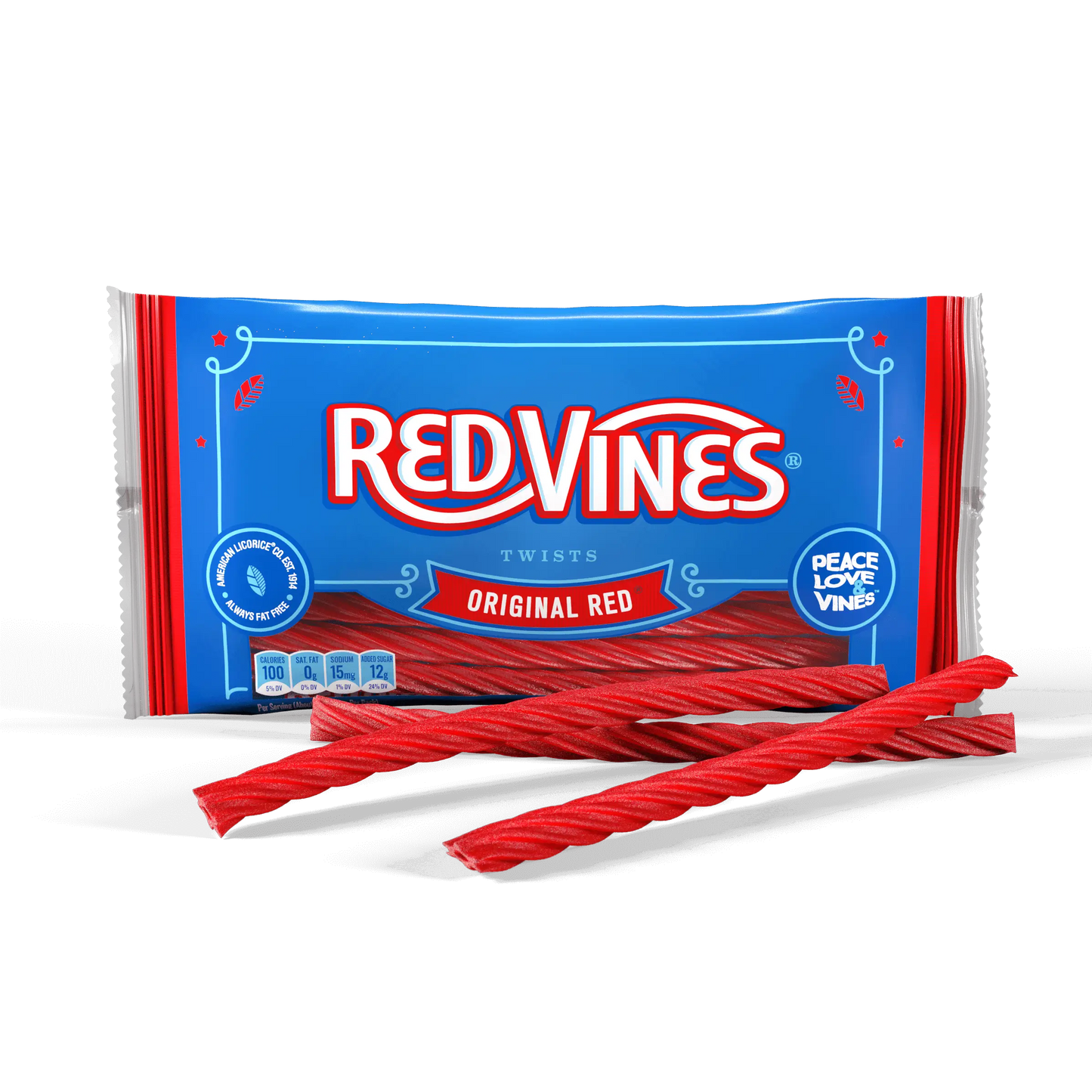 Red Vines Original Red Licorice Twists 14oz bag with candy in front