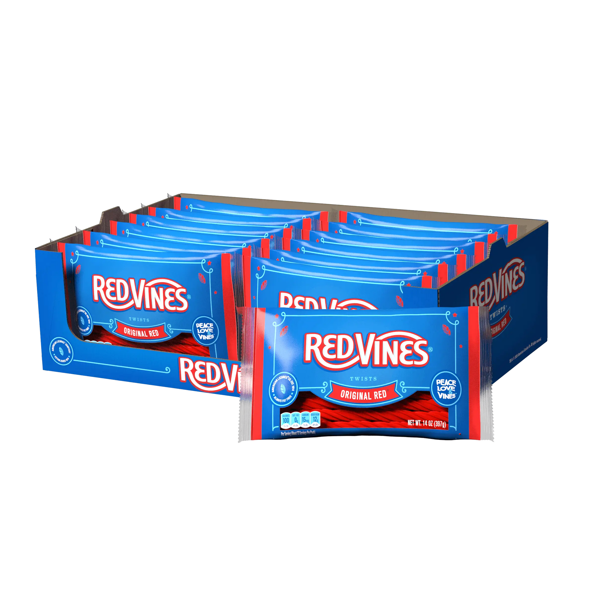 12 count box of RED VINES 14oz Original Red Licorice Laydown Bags