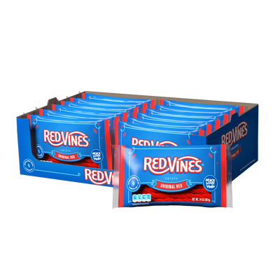 12 count box of RED VINES 14oz Original Red Licorice Laydown Bags