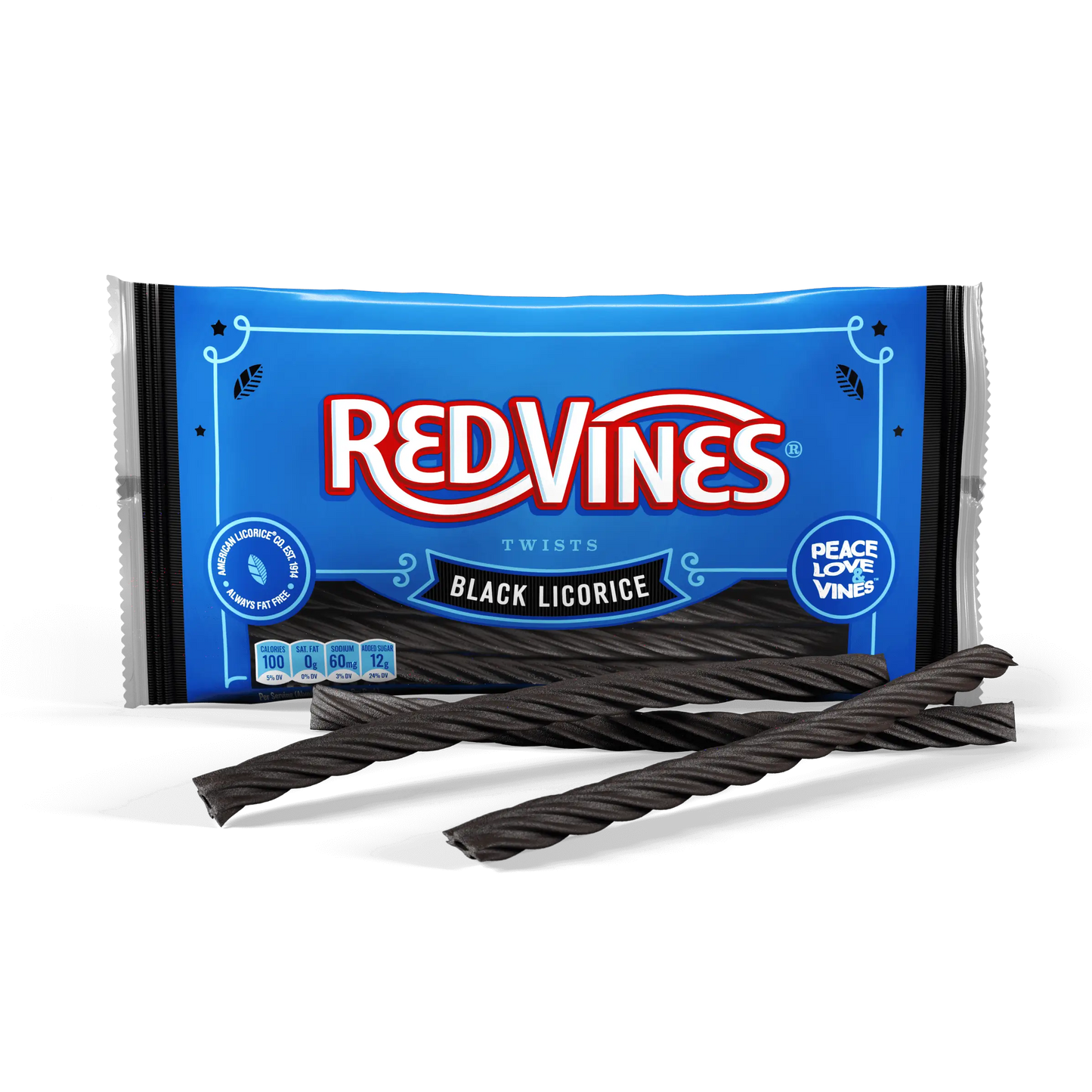 Red Vines Black Licorice Twists 14oz bag with candy in front