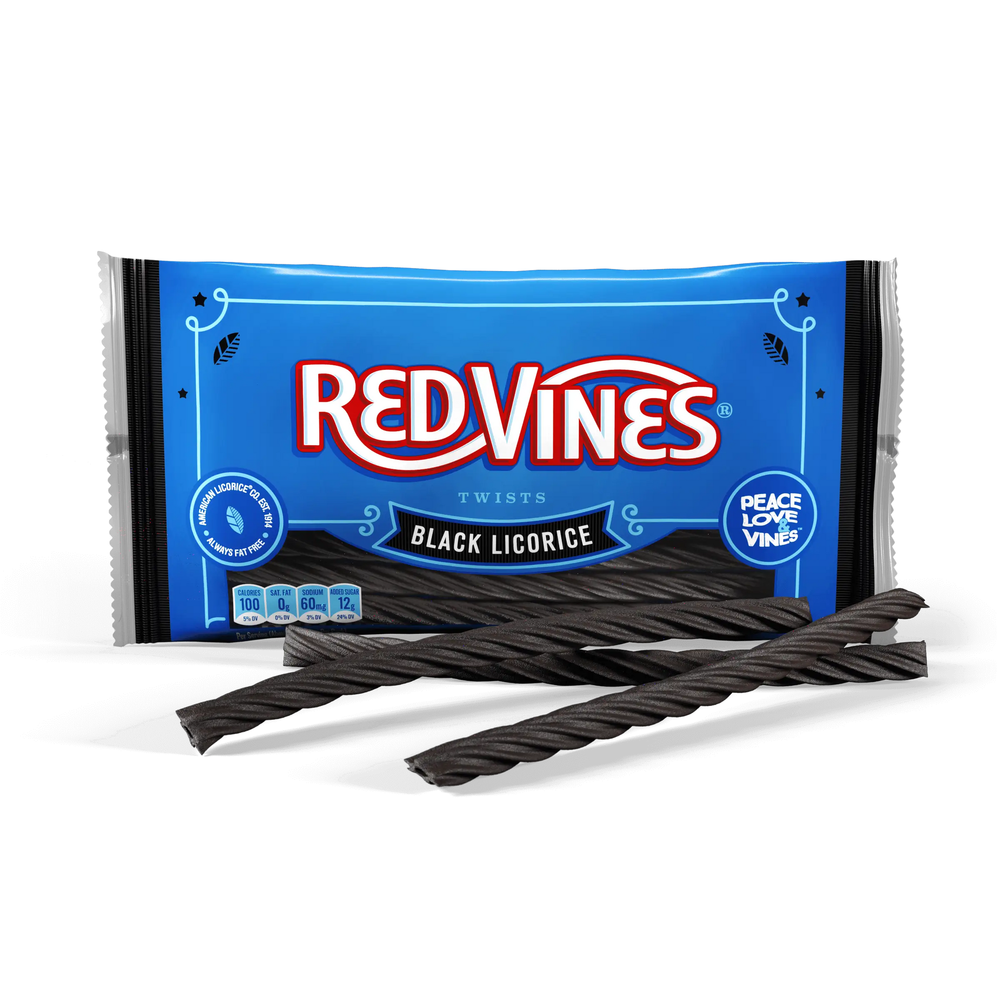 Red Vines Black Licorice Twists 14oz bag with candy in front