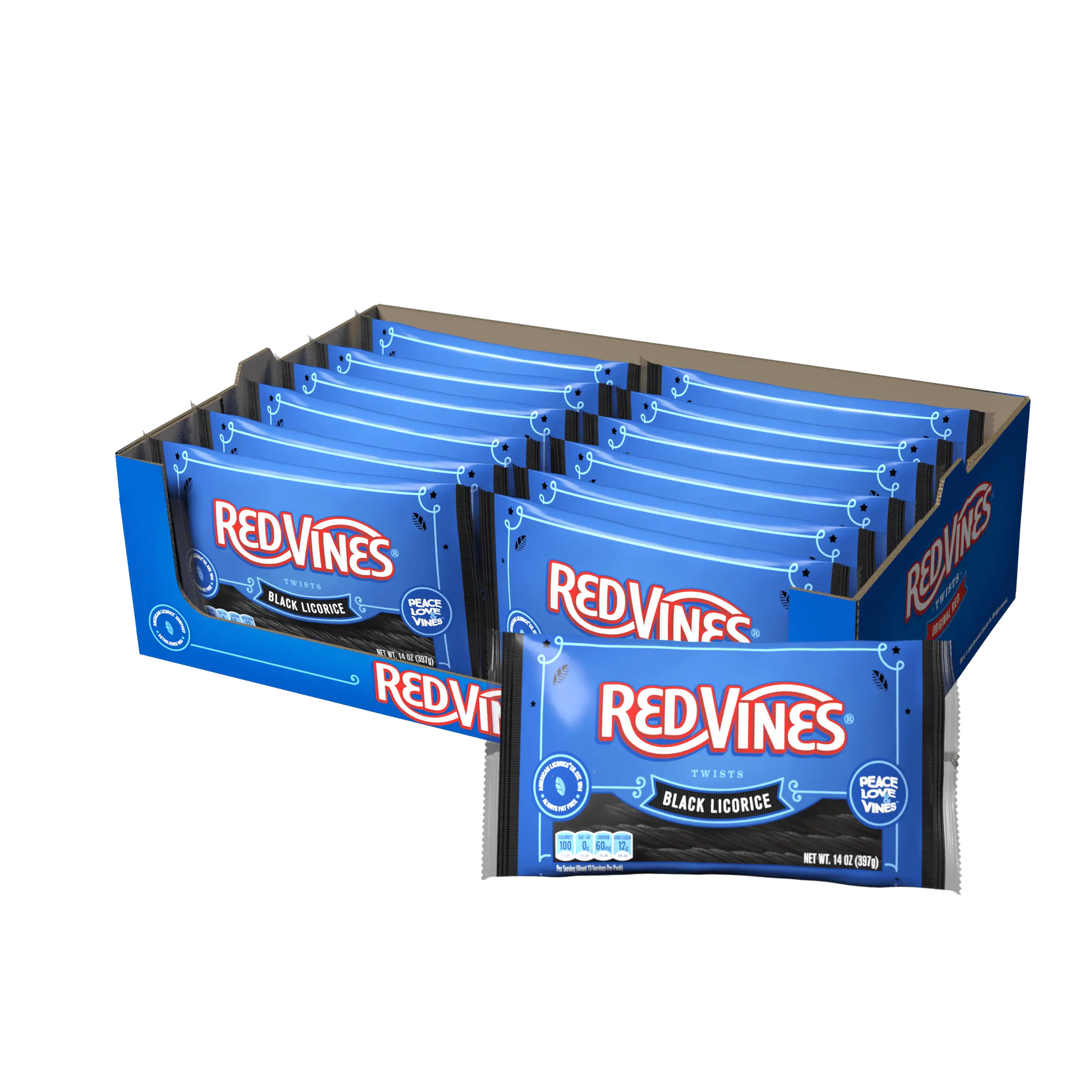 12 count box of RED VINES 14oz Black Licorice Laydown Bags